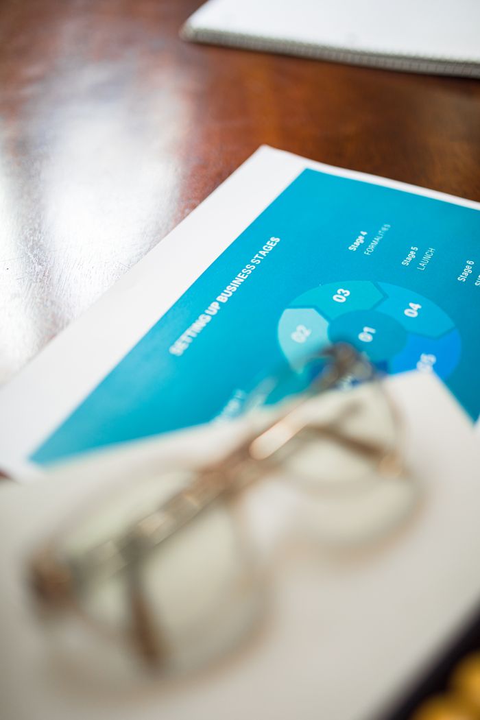 Blurred eyeglasses on business document with colorful chart, suggesting focus on strategy.